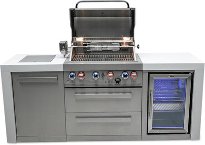 Mont Alpi 82"W x 23"D x 46"H Deluxe Stainless Steel Modular Outdoor Kitchen Island with Refrigerator + 32"W 4-Burner BBQ Gas Grill + Side Burner + Granite Countertops + Storage Cabinets and Drawers