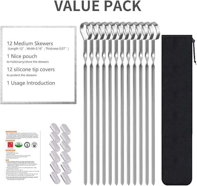 Skewers for Kabobs, 12" Metal Kebab Skewers for Grilling Flat Long Stainless Steel Kabob Sticks Reusable Grill Shish BBQ Barbecue Sticks for Meat Chicken Vegetable Shrimp, 12 Pack