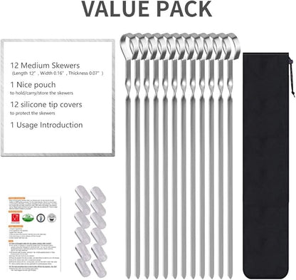 Skewers for Kabobs, 12" Metal Kebab Skewers for Grilling Flat Long Stainless Steel Kabob Sticks Reusable Grill Shish BBQ Barbecue Sticks for Meat Chicken Vegetable Shrimp, 12 Pack