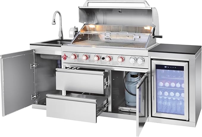 82-inch 6-Burner Gas Grill 85,000 BTU Outdoor Kitchen Barbecue | Stainless Steel Grill Island with Sink, Storage Cabinets, and Wine Refrigerator,Backyard, Patio, Lawn, Silver