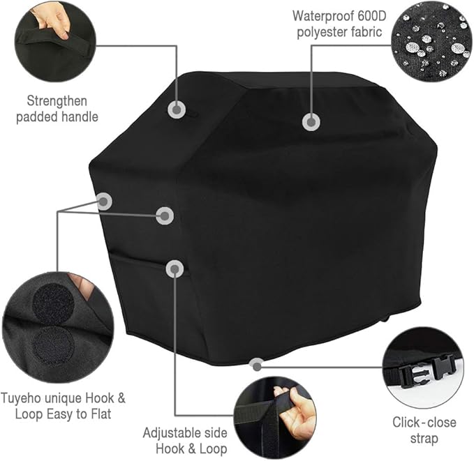 Tuyeho Grill Cover 70 x 26 x 46 inch, 600D Heavy Duty Gas BBQ Cover w/Side Fasteners Straps, Waterproof & Weather Resistant for Your Weber, Char-Broil, Brinkmann, Holland, Jenn Air (Black)