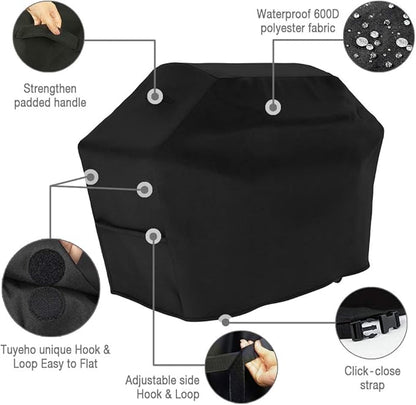 Tuyeho Grill Cover 70 x 26 x 46 inch, 600D Heavy Duty Gas BBQ Cover w/Side Fasteners Straps, Waterproof & Weather Resistant for Your Weber, Char-Broil, Brinkmann, Holland, Jenn Air (Black)