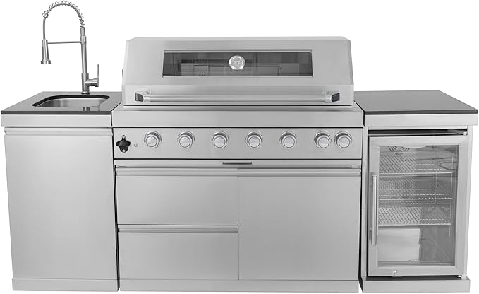 43-Inch Modular Outdoor Kitchen Grill with 6 Stainless Steel Burners 85000 BTU, Deluxe BBQ Station with Granite Countertop, Rotisserie Kit, 304 Stainless Steel Sink, Portable Refrigerator (Silver)