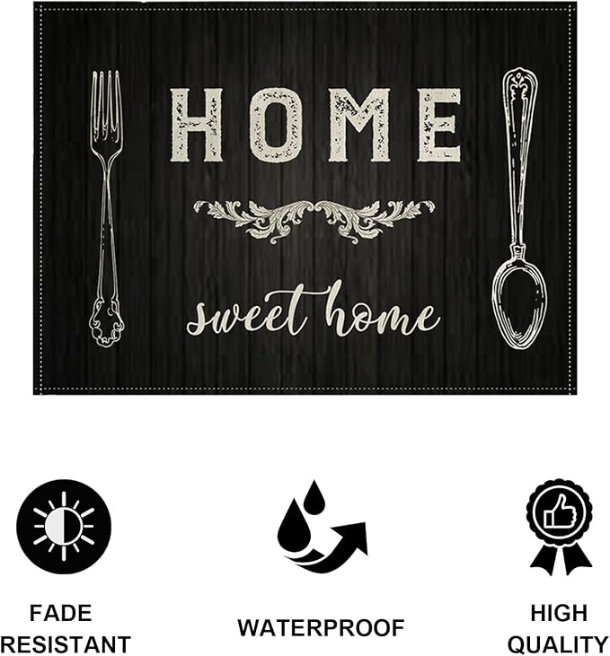Vintage Style Placemats Set of 4 Home Sweet Home Rustic Home Decorative Table Mats Waterproof Heat Resistant Washable Non-Slip Place Mats for Dinner Room Kitchen Decor Table 12”×16”(Grey, 12”×16”)