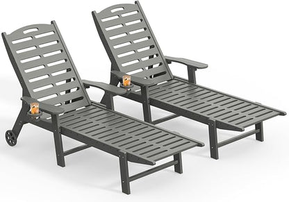 Lounge Chairs Outdoor Set of 2, 5-Position Adjustable Patio Lounge Chairs with Wheels & Cup Holder, Heavy Duty HDPE Oversized Poolside Set, Easy Rolling Sun Loungers for Deck, Lawn, Backyard, Grey