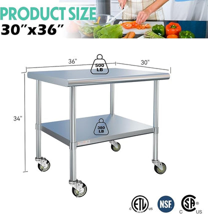 STABLEINK Stainless Steel Table with Wheels 36x30 Inches 3ft for Prep | NSF Certified Metal Work Table Workbench with Casters for Commercial Kitchen Restaurant Hotel Laundry Garage Chef Homemaker