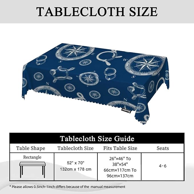 Swono Compass Table Covers 52x70 Inch Vintage World Map Wind Rose Rope Knot Nautical Compass Tablecloth Kitchen Dinning Tabletop Decoration, Blue Table Cloth for Outdoor and Indoor Use