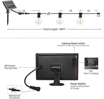 SUNTHIN Solar String Lights, 200ft(2x100ft) Solar Patio Lights with 48 Shatterproof G40 LED Bulbs, Waterproof Solar Powered Outdoor Lights for Backyard, Garden, Deck, Porch, Pergola, Pool, Camping