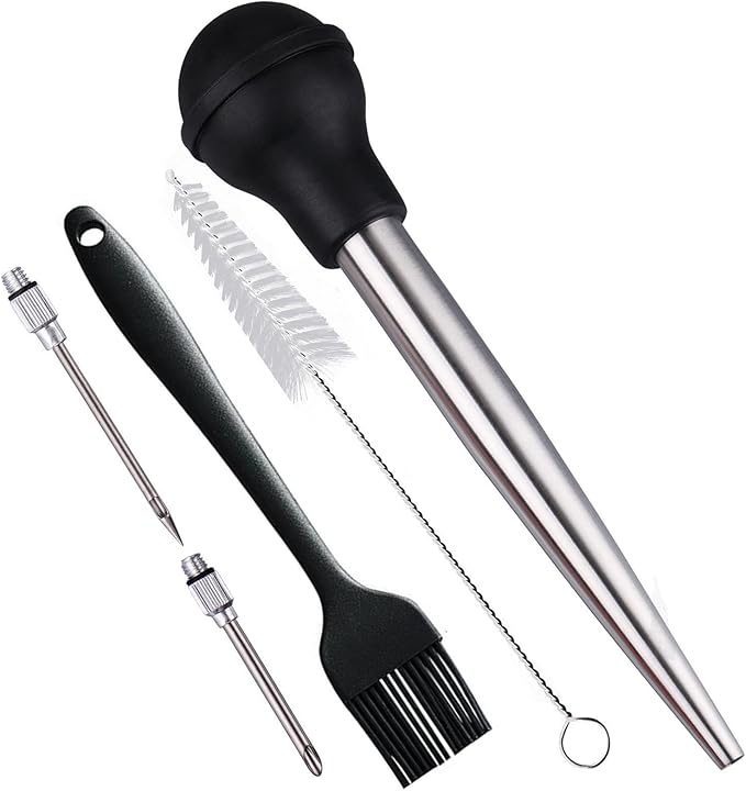 Turkey Baster, Stainless Steel Turkey Baster Syringe for Cooking, Meat Injector Baster Set&2 Needles&2 Cleaning Basting Brush, 18/8 Steel Baster for Flavor Meat Poultry, Beef&Chicken Ect Black