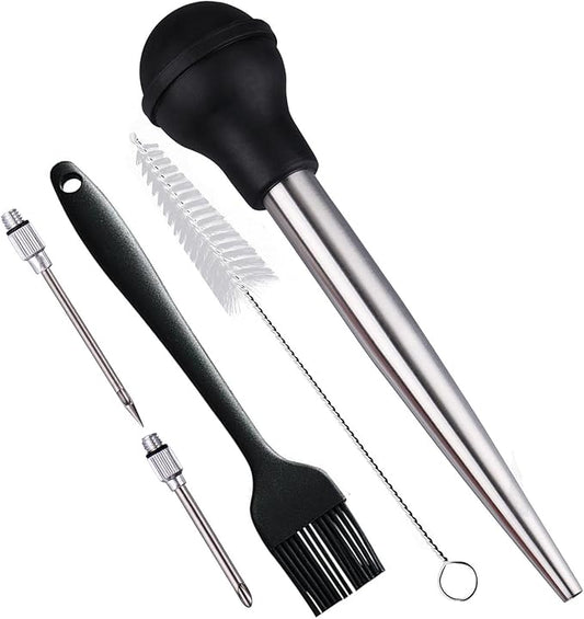 Turkey Baster, Stainless Steel Turkey Baster Syringe for Cooking, Meat Injector Baster Set&2 Needles&2 Cleaning Basting Brush, 18/8 Steel Baster for Flavor Meat Poultry, Beef&Chicken Ect Black