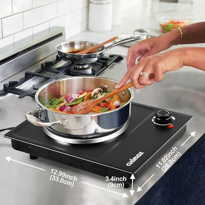 CUSIMAX Single Burner Electric Hot Plate, 1500W, Stainless Steel, Black | Adjustable Temperature/Works with All Cookware/Overheating Protection/Compact & Portable/Stainless Steel/Embeddable Design