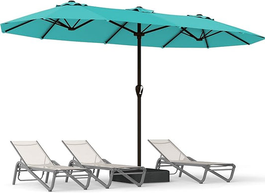15FT Large Patio Umbrella with Base, Double Sided Rectangular Outdoor Umbrella with Sturdy Fiberglass Ribs, UPF 50+ Sun Protection, Wind-Resistant, Waterproof Fade-Resistant Fabric for Pool, Garden, Backyard, Deck(Peacock Blue)