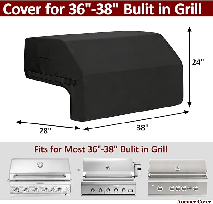 Built-in Grill Cover 38 Inch for Outdoor Island Grill, 600D Premium Built in Barbecue Grill Top Cover with Straps for Napoleon, Bull, Blaze, KitchenAid, Coyote etc, 38" x 28"x 24"