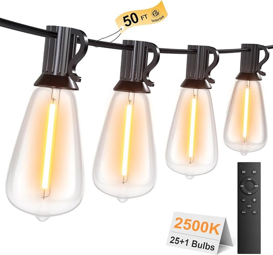 50FT Outdoor String Lights with Remote, Garden Patio Decor with 2500K Warm White, 25+1 LED Edison Bulbs, Support Timer Dimmable Waterproof Shatterproof for Yard Outside Porch Deck Indoor (24V)