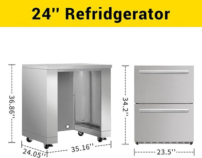 SINDA 4-Piece Outdoor Kitchen Package, 32" Side Burner, 24" Under-Counter Fridge, Refrigerator Cabinet, Outdoor Sink, Stainless Steel, 5.4 Cu. Ft. Capacity