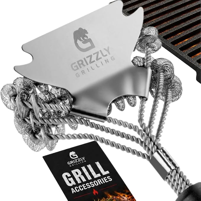Bristle Free Grill Brush with Scraper, 10-Inch | Coiled Stainless Steel BBQ Grill Cleaner with Built-In Scraper for Gas, Charcoal and Outdoor Grills