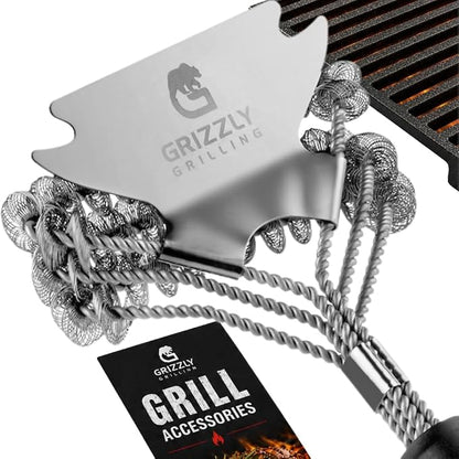 Bristle Free Grill Brush with Scraper, 10-Inch | Coiled Stainless Steel BBQ Grill Cleaner with Built-In Scraper for Gas, Charcoal and Outdoor Grills