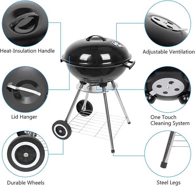 18" Portable Charcoal Grill with Wheels and Storage Holder, Barbecue Grills Steel BBQ Grill for Garden Party Picnic Hiking Travel Backyard Cooking, Easy to Assemble, Asadores de Carbon (Black)