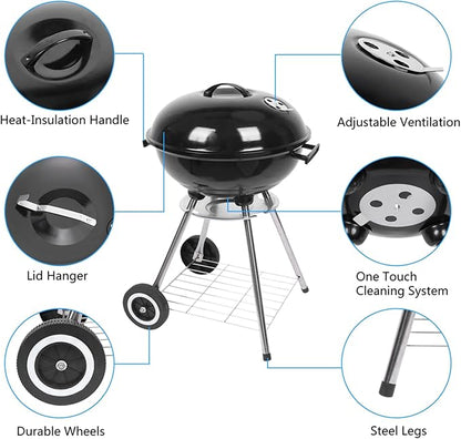18" Portable Charcoal Grill with Wheels and Storage Holder, Barbecue Grills Steel BBQ Grill for Garden Party Picnic Hiking Travel Backyard Cooking, Easy to Assemble, Asadores de Carbon (Black)