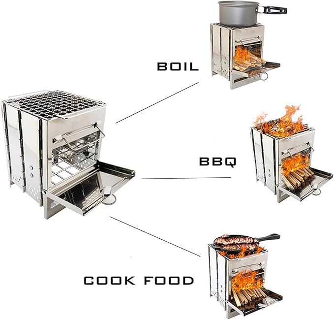 Stainless steel folding grill, portable square BBQ grill, integrated outdoor mini charcoal stove, wood stove, for backpacking and outdoor cooking (4 sizes) (7.9x7.9x10.6)