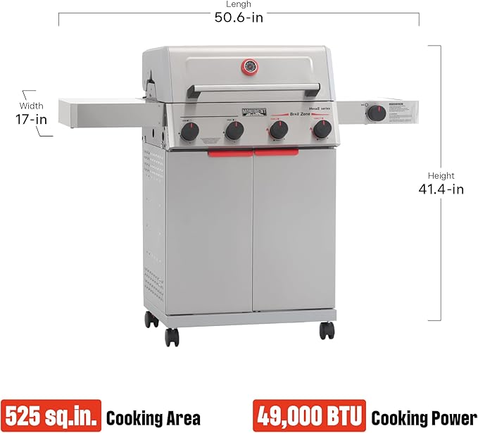 Monument Grills 4+1 Burner Stainless Steel 525 sq.in Propane Gas Grill, 49,000 BTU, Assembles in 30 Mins, Outdoor Mesa 2 Patio Grill with Broil Zone, Side Burner, Foldable Side Shelf, Mesa II 415BZ