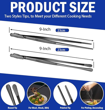 JETKONG 2 Pcs 9-Inch Food Tweezer Tongs, Stainless Steel Kitchen Tweezer Cooking Tweezers (Black)