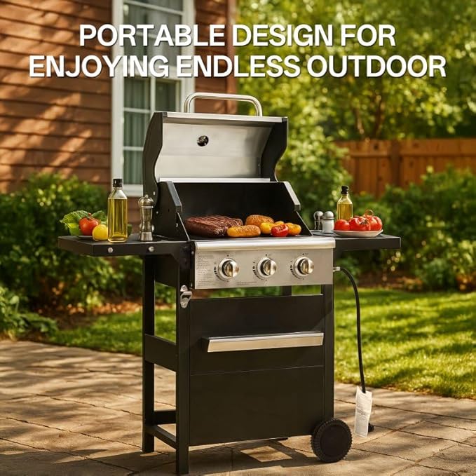 Endark 27,000 BTU 3-Burner BBQ Grill with Cover – Double-Layer Stainless Steel Lid, Cast Iron Cooking Grates, 2 Built-in Shelves & Side Wheels – For Outdoor Patio & Terrace Barbecue