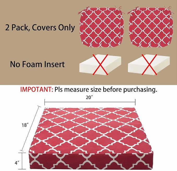 Magpie Fabrics Indoor Outdoor Cushion Cover Replacement 2 Pack, NO INSERT! Water Repellent Slipcover with Ties Christmas Decor for Patio Garden Chair Seat Sofa Bench Wicker(Geometry Red, 20x18x4 Inch)