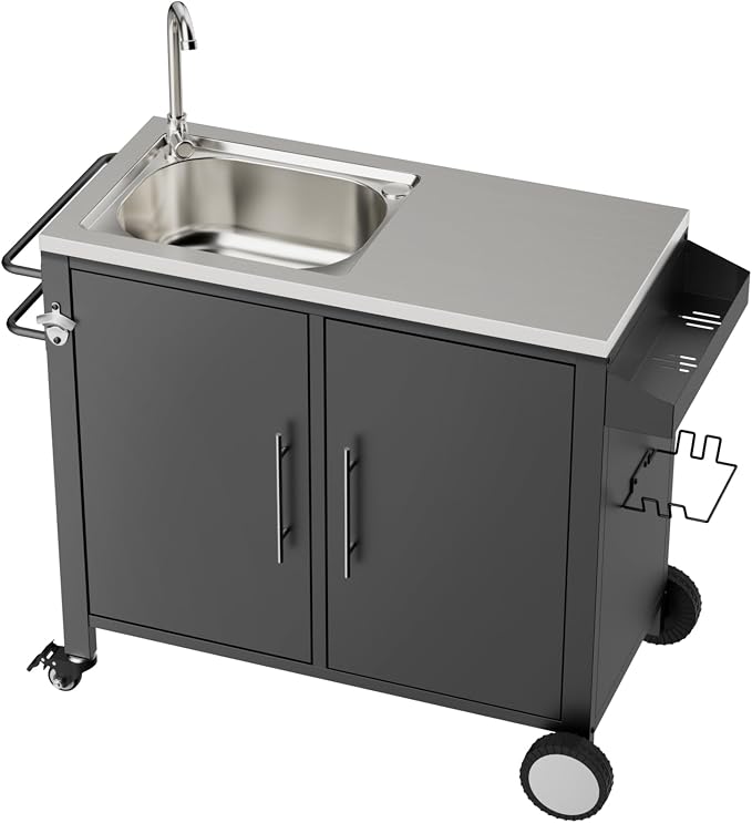 KEIKI Outdoor Grill Table with Sink, Grill Cart with 304 Stainless Steel Sink and Cabinet, Outdoor Cart Station with Wheels, L38 x W18 x H35