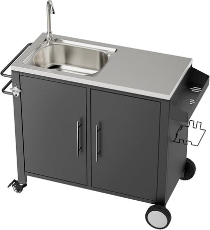 KEIKI Outdoor Grill Table with Sink, Grill Cart with 304 Stainless Steel Sink and Cabinet, Outdoor Cart Station with Wheels, L38 x W18 x H35