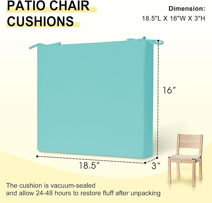 downluxe Outdoor Chair Cushions Set of 4 for Patio Furniture, Water-Resistant Square Corner Patio Chair Cushions with Ties, High Density Foam Outdoor Seat Cushion, 18.5" X 16" X 3", Teal