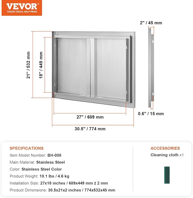 VEVOR BBQ Access Door, 30.5W x 21H Inch Double Outdoor Kitchen, Stainless Steel Flush Mount, Wall Vertical with Recessed Handles, for BBQ Island, Grilling Station, Outside Cabinet