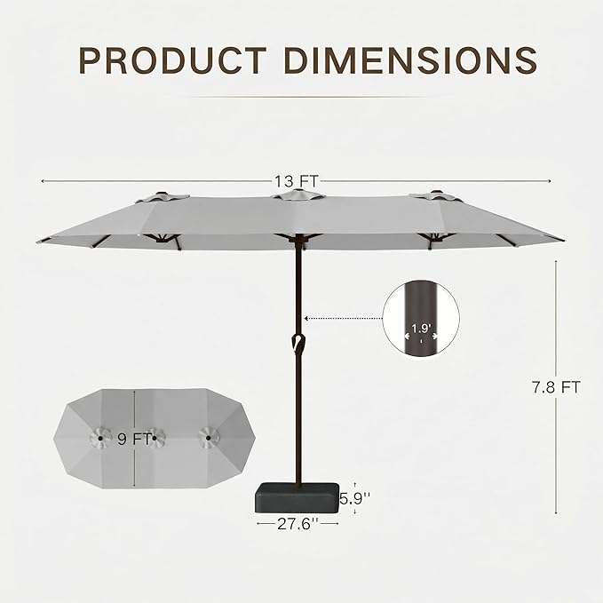 Kingdura 13ft Large Patio Umbrella with Base Included, Double-Sided Rectangle Outdoor Table Umbrella with 12 Reinforced Ribs, Crank Lift for Market Pool Deck Backyard, Light grey