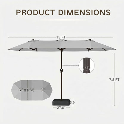 Kingdura 13ft Large Patio Umbrella with Base Included, Double-Sided Rectangle Outdoor Table Umbrella with 12 Reinforced Ribs, Crank Lift for Market Pool Deck Backyard, Light grey