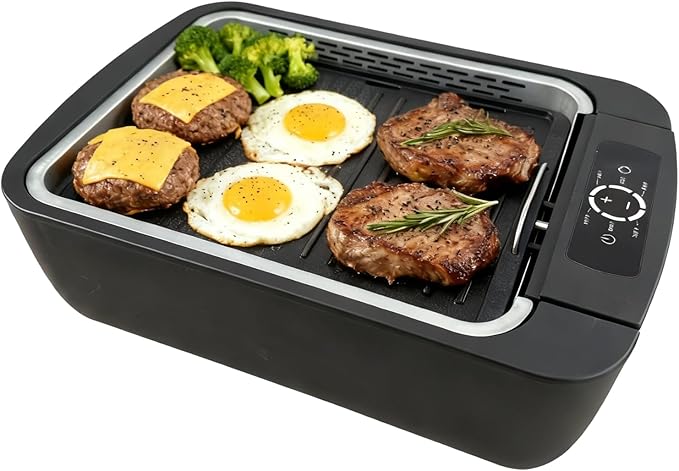 Indoor Smokeless Grill & Griddle 1100W Electric Gill Korean BBQ Low Smoke with Fan 6-Speed Temperature Control Non-Stick ‎Grill Plate with Drain Holes Dishwasher Safe 5-Serving Apartment Dorm
