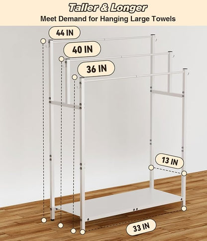Mondazie 44” Free Standing Towel Racks for Bathroom Towel Storage, White | 3 Tier Oversized Pool Towel Drying Rack Outdoor, Blanket Ladder Holder with Shelf & 6 Hooks for Bedroom Living Room Poolside