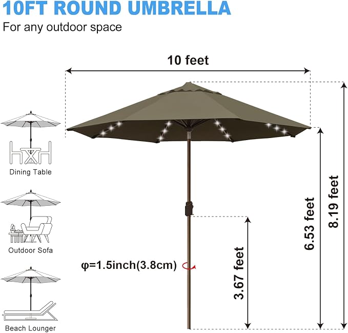 Eurmax USA 10-Year-Non-Fading 10FT Outdoor Patio Market Umbrella with LED Lights,UPF50+ UV Resistant,Heavy Duty Commercial Grade,Crank Lift&Tilt,Windproof Vented Top for Garden,Pool,Deck,Taupe
