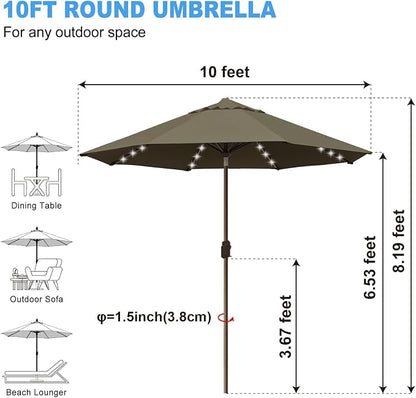 Eurmax USA 10-Year-Non-Fading 10FT Outdoor Patio Market Umbrella with LED Lights,UPF50+ UV Resistant,Heavy Duty Commercial Grade,Crank Lift&Tilt,Windproof Vented Top for Garden,Pool,Deck,Taupe