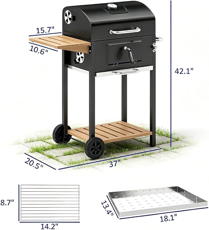 Portable Charcoal Grill with Foldable Side Shelf & Bottom Shelf, BBQ Smoker with Wheels and Adjustable Lid Vents for Picnic, Camping, Backyard Cooking (37" W x 20.5" D x 42.1" H)