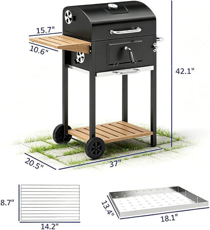 Portable Charcoal Grill with Foldable Side Shelf & Bottom Shelf, BBQ Smoker with Wheels and Adjustable Lid Vents for Picnic, Camping, Backyard Cooking (37" W x 20.5" D x 42.1" H)