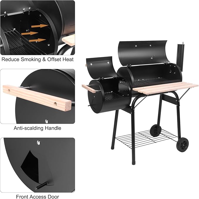 30.5 Inch Charcoal Grill and Smoker, Offset Barrel BBQ with Side Fire Box & Thermometer, Portable Outdoor Grill with Adjustable Damper and Wheels for Backyard Smoking & Grilling