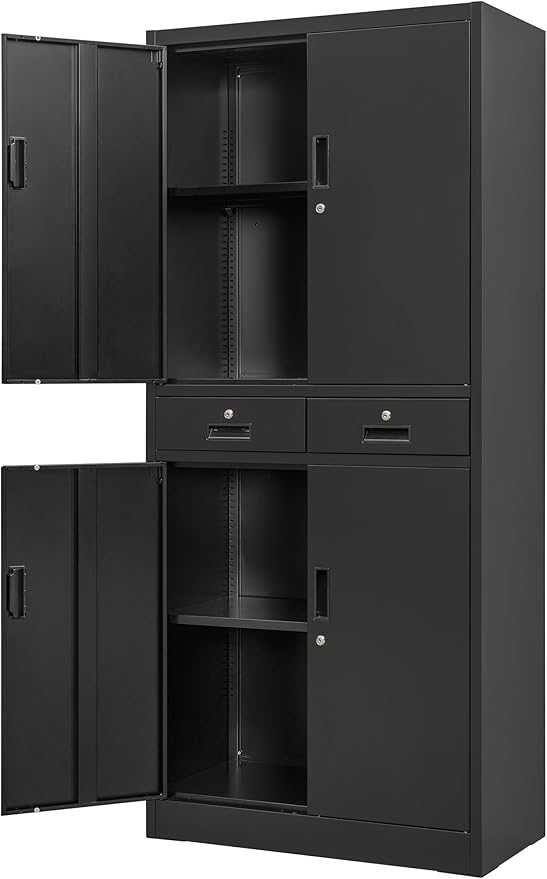 Wanfu Metal Storage Cabinet, 71" Locking Storage Cabinet with Adjustable Shelves and 2 Drawers, Steel Cabinets for Office, Garage, Home, School, Utility Room(Black)