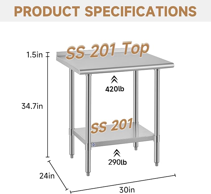 ROCKPOINT All Stainless Steel Perp Table with Backsplash 24x30 Inch, Commercial Heavy Duty Table with Stainless Legs & Adjustable Undershelf, 710 lb Capacity for Restaurant,Home and Outdoor Kitchens