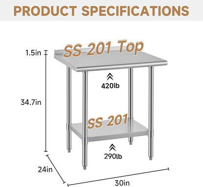 ROCKPOINT All Stainless Steel Perp Table with Backsplash 24x30 Inch, Commercial Heavy Duty Table with Stainless Legs & Adjustable Undershelf, 710 lb Capacity for Restaurant,Home and Outdoor Kitchens