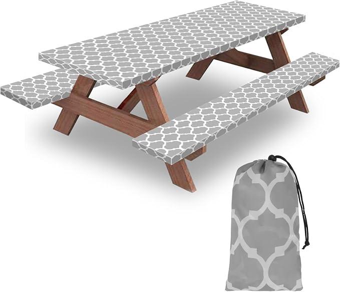 7ft 84in Picnic Table and Bench Cover, 3 Pack, Gray-White Moroccan | Drawstring Bag, Waterproof Windproof, Elastic Fitted Edges Tablecloth, for Rectangle Table & Seat, Camping Essentials RV Gear