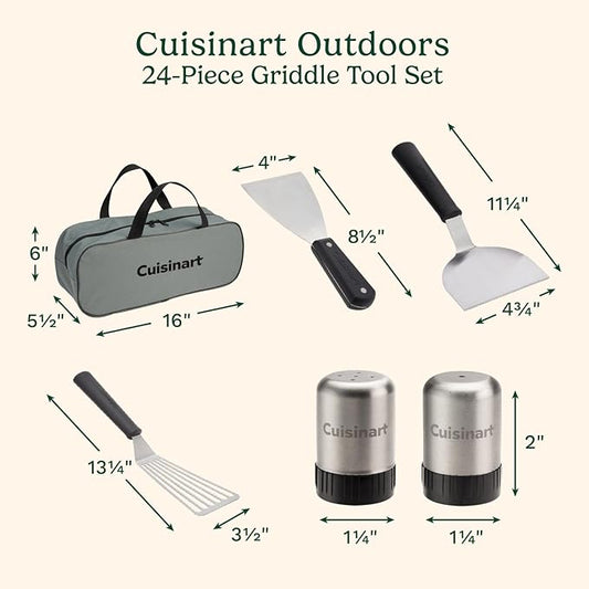 Cuisinart 24-Piece Griddle Tool Set with Storage Tote, Stainless Steel Flat Top Grill Accessories with Spatulas, Melting Dome, Smash Burger Press, Scraper & Tongs, Perfect for BBQ, Tailgates, Camping