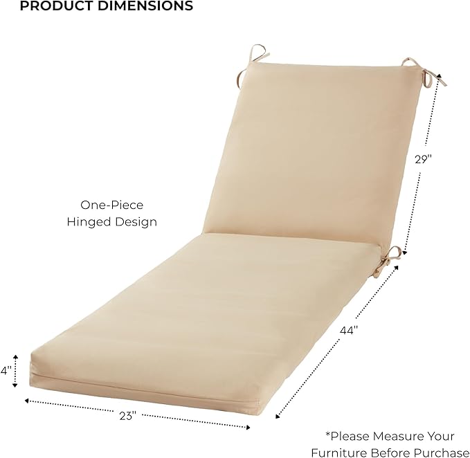 Modern Outdoor Chaise Lounge Cushion with Ties – Durable Polyester Fabric, Channel-Filled Polyfiber Insert, Removable Zippered Cover, Stone