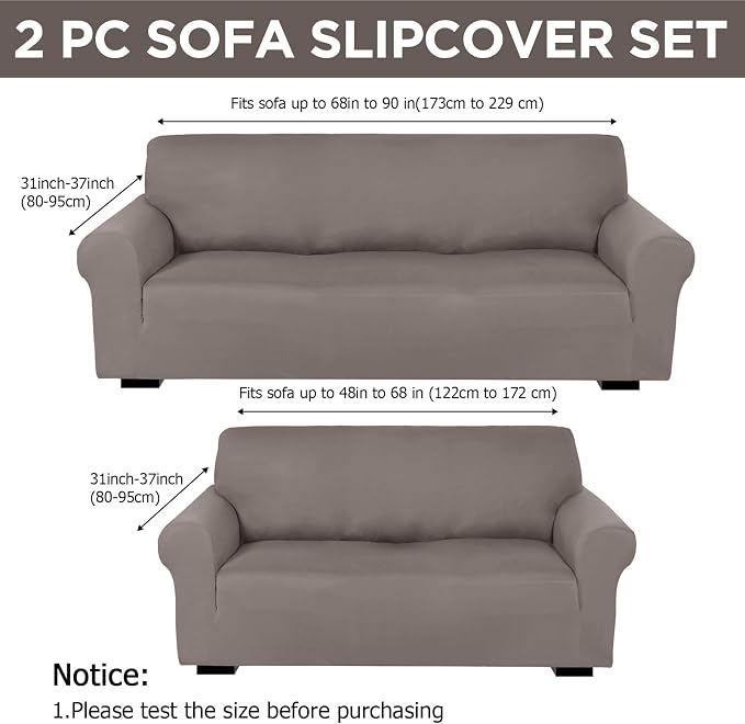 Peryiter 2 Pcs Couch and Loveseat Sofa Covers,Taupe,Milk Silk | Armchair Covers for Living Room, Sofa Cushion Slipcover 2/3 Seater, Furniture Protector, Polyester and Spandex, Washable