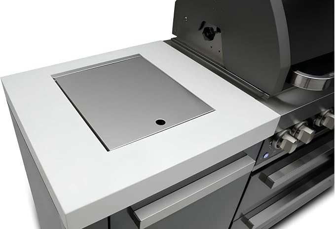 Mont Alpi 82"W x 75"D x 46"H Black Stainless Steel L-shaped Outdoor Kitchen Island with Side Burner + 44"W 6-Burner BBQ Grill + Granite Countertops + Storage + Chopping Board + Rotisserie Kit + Cover