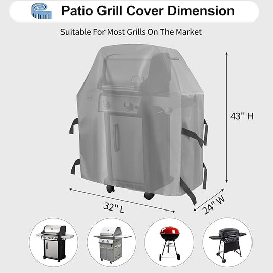 OutdoorLines Waterproof Heavy Duty BBQ Grill Cover - Universal Barbecue Grill Covers UV Resistant Barbeque Gas Grill Cover for Outdoor Outside Grill, 32L x 24W x 43H Inch, Gray